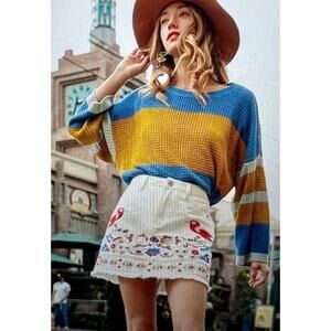 UMGEE Sz Large White Denim Mini Skirt Floral Embroidered Birds Boho Raw Hem Fall